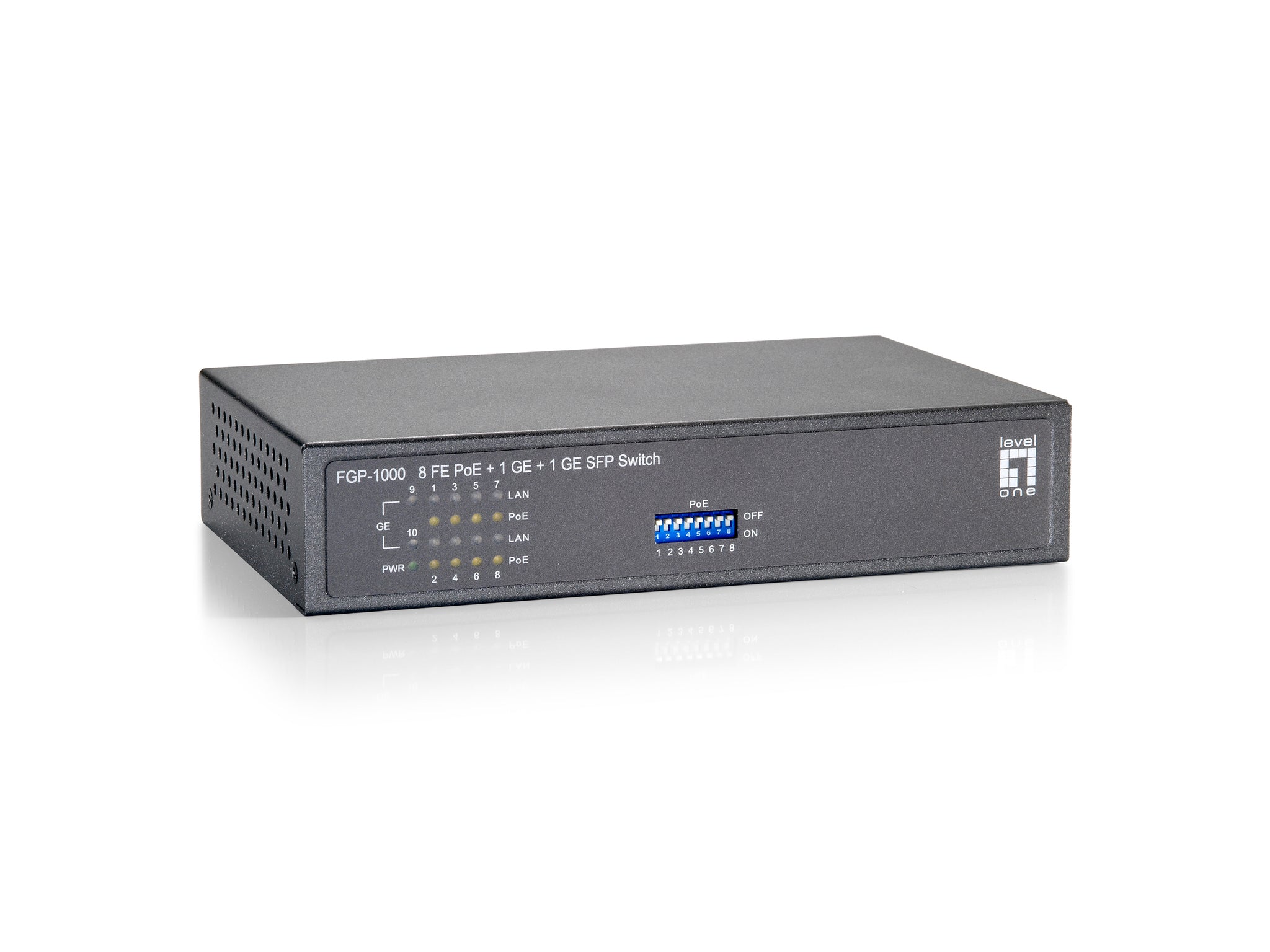 Conmutador PoE de 10 puertos FGP-1000, 1 x Gigabit RJ45, 1 x Gigabit SFP, 8 salidas PoE