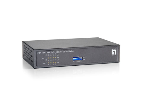 Conmutador PoE de 10 puertos FGP-1000, 1 x Gigabit RJ45, 1 x Gigabit SFP, 8 salidas PoE