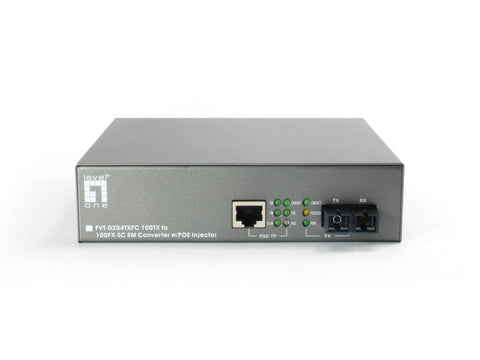 FVT-0204TXFC Conversor de medios Fast Ethernet RJ45 a SC, 1 salida PoE, 802.3af PoE, fibra monomodo, 20 km